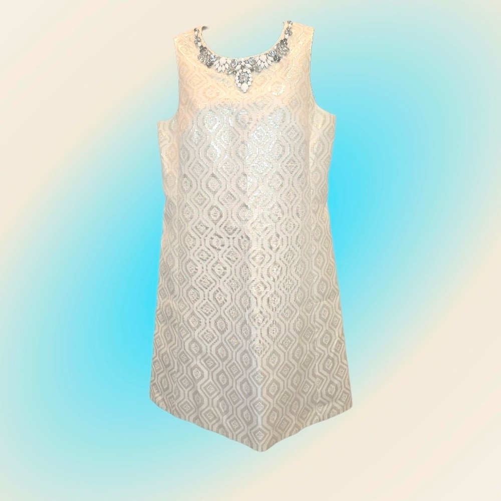 White House Black Market Cream & Metallic Jacquard Shift Dress